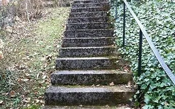 Vorher: Steintreppe im Hang, Moos von jeder Stufe entfernt.